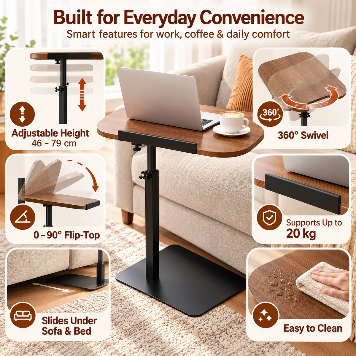 Adjustable C-Shaped Side Table – 360° Swivel Laptop Table — photo 2