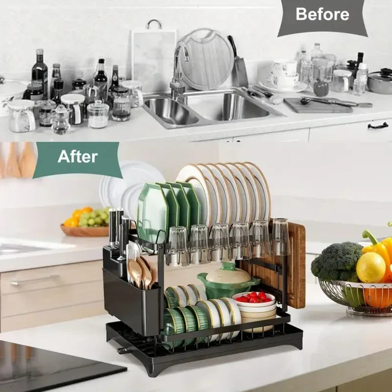 Kitchen 2-Tier Dish Drying Rack with Drainage Tray & Utensil Holders — photo 2