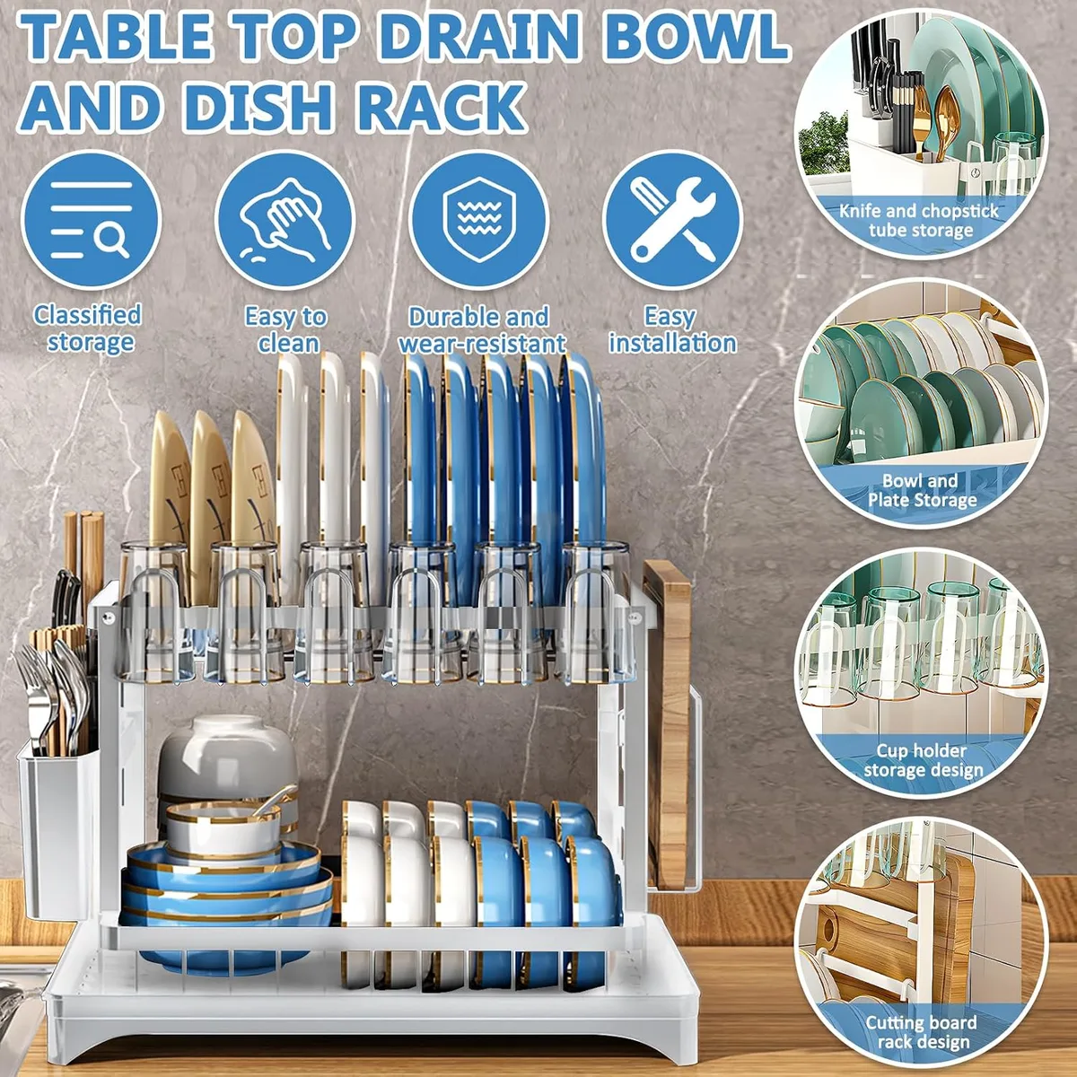 Kitchen 2-Tier Dish Drying Rack with Drainage Tray & Utensil Holders — photo 3