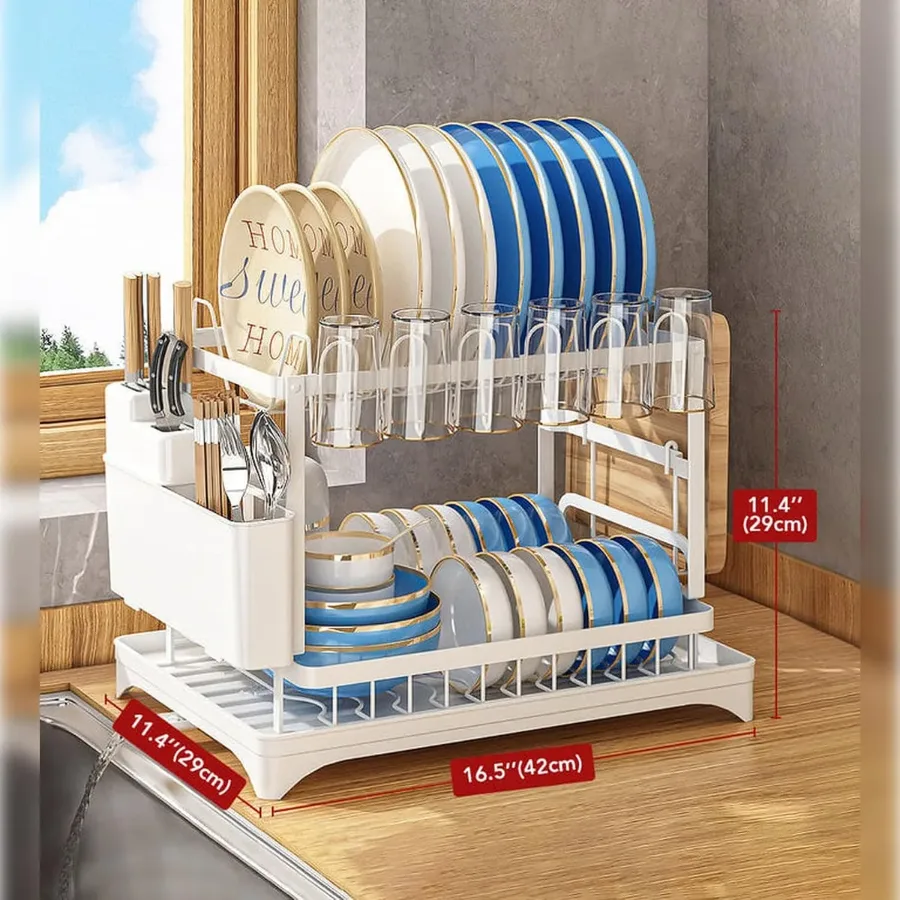 Kitchen 2-Tier Dish Drying Rack with Drainage Tray & Utensil Holders — photo 4