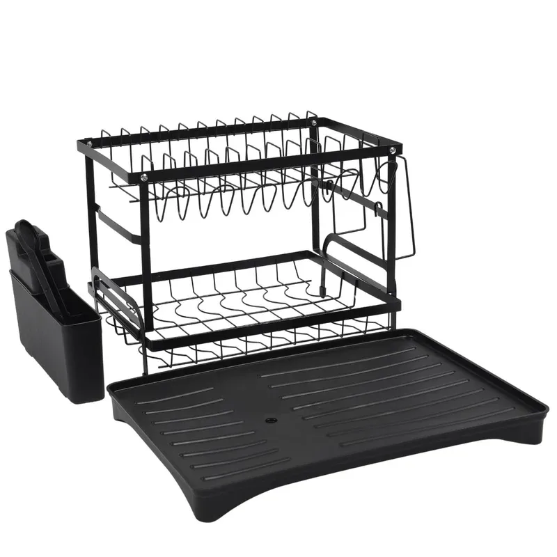 Kitchen 2-Tier Dish Drying Rack with Drainage Tray & Utensil Holders β photo 5