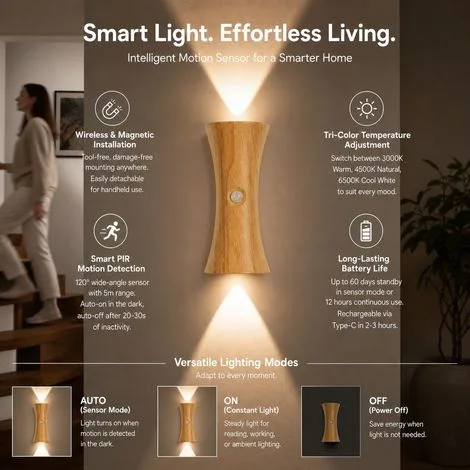 LED Smart Motion Sensor Hourglass-Shaped Wall Light - Brown wood β photo 4