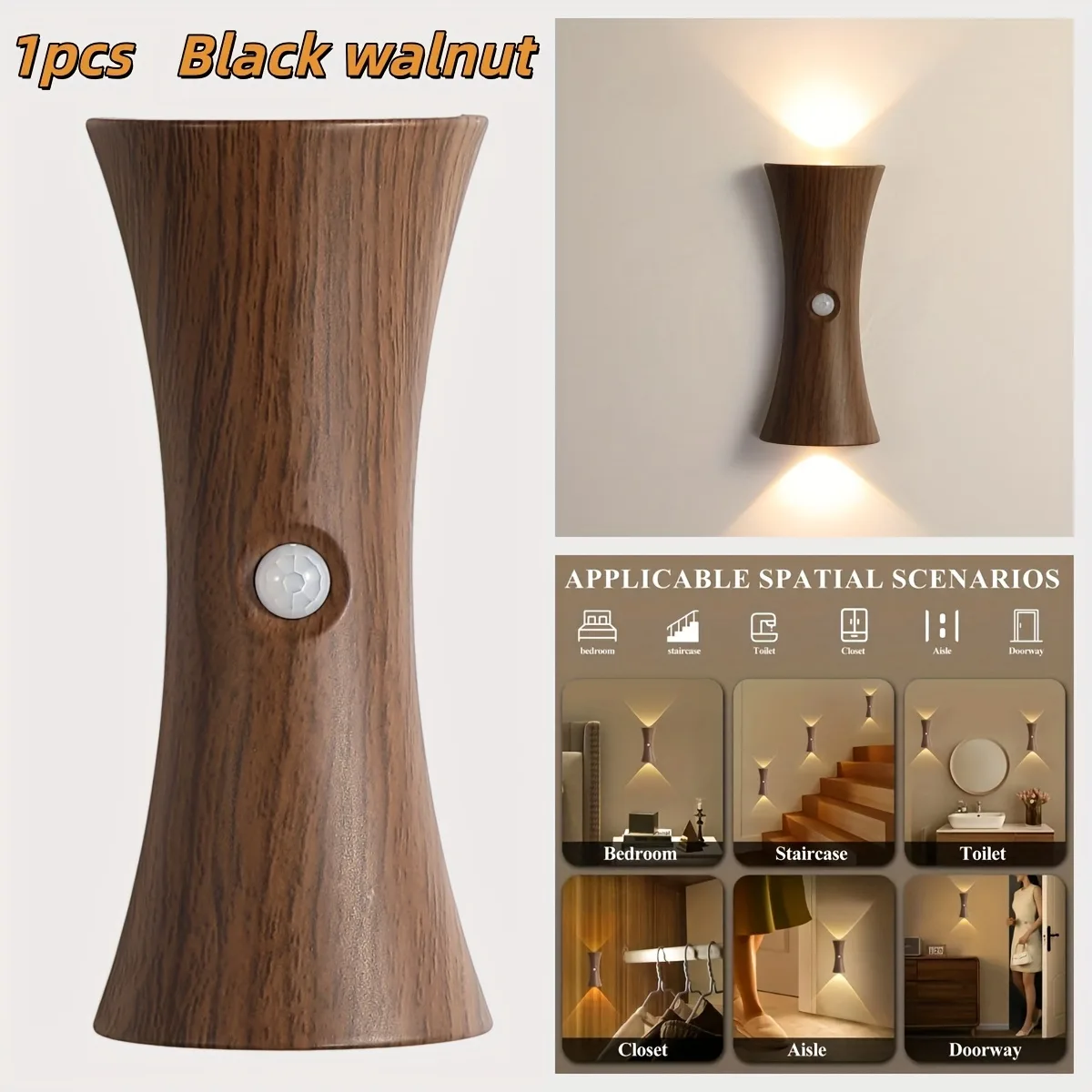 LED Smart Motion Sensor Hourglass-Shaped Wall Light - Brown wood — photo 5