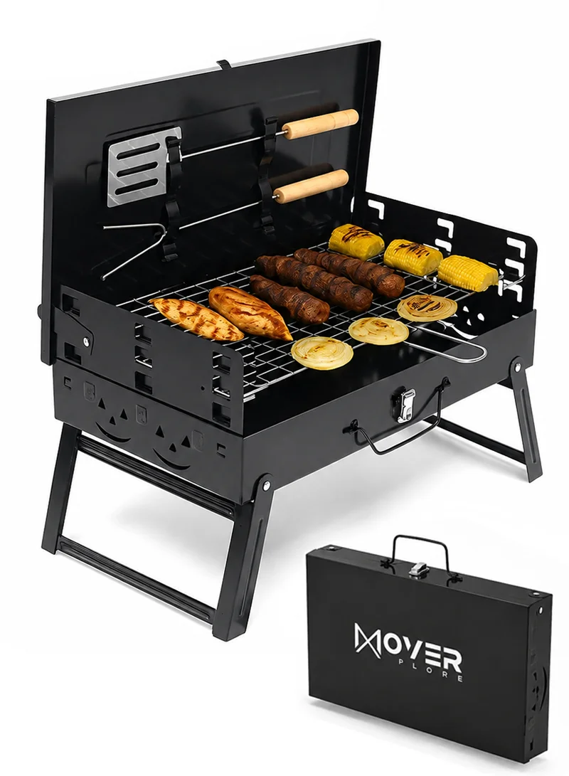Portable Folding Charcoal Outdoor BBQ Grill Box, Adjustable Grill Net with Handle - Black
