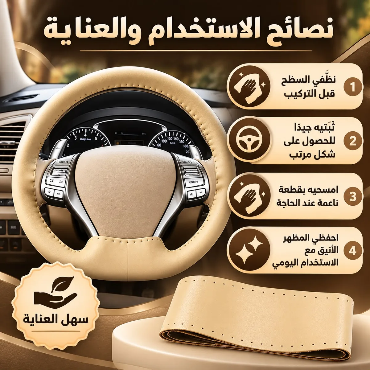 Car Stitch Leather Steering Wheel Cover - Brown — photo 4