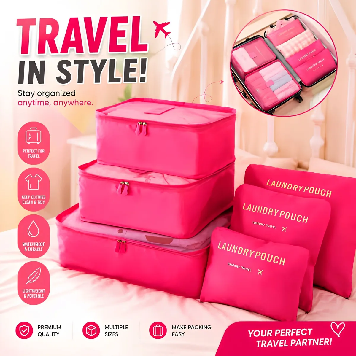 6-Piece Travel Packing Cubes Set – Foldable Luggage Organizer Bags - Black