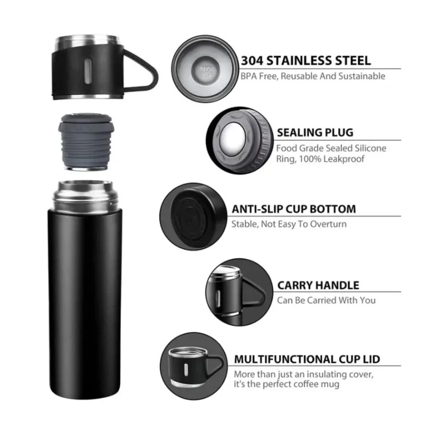 Thermos With Cups Double Wall Stainless Steel 500ml Vacuum Flask - Pink β photo 3
