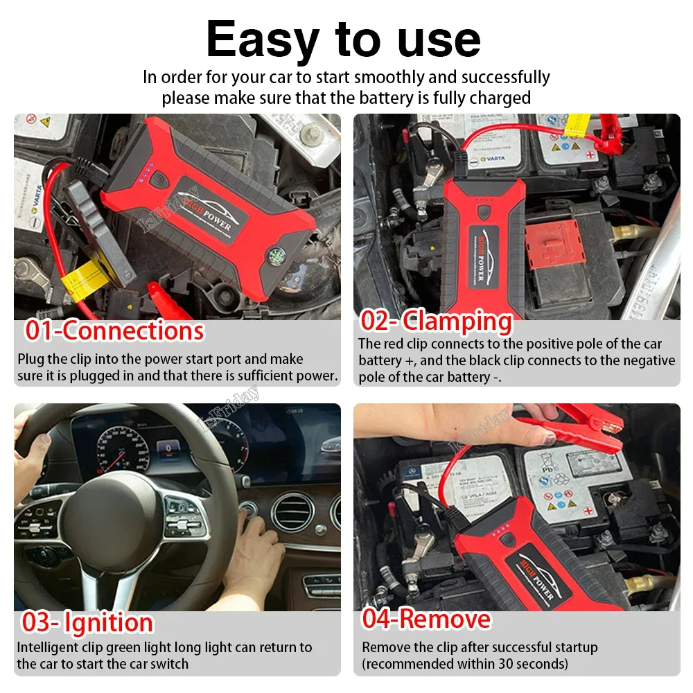 Portable Car Jump Starter Power Bank, Battery Booster Charger, Starting Device, Auto Emergency, Lighting Start-up, 12V - Jump starter — photo 9