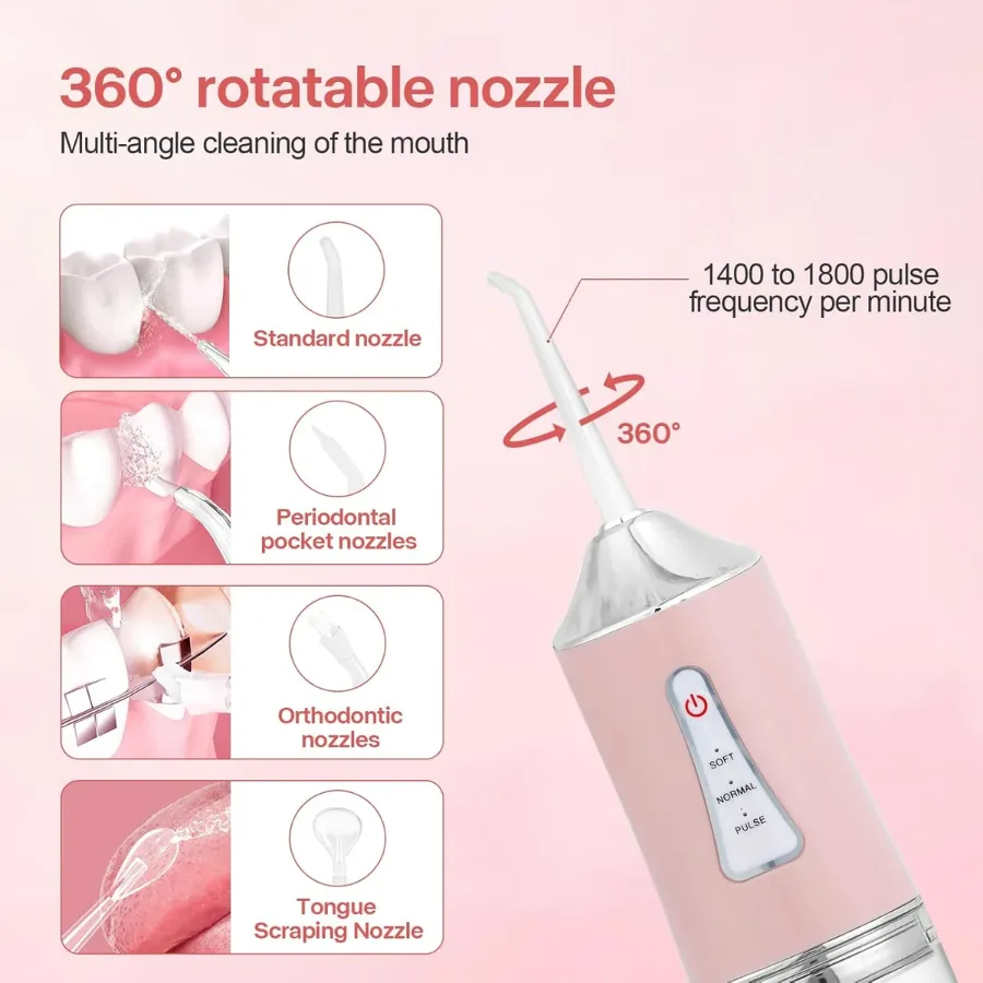 Professional Oral Irrigator for Teeth & Gums with 4 Jet Tips, 3 Modes & 360° Rotation , Water Dental Flosser - Pink — photo 10