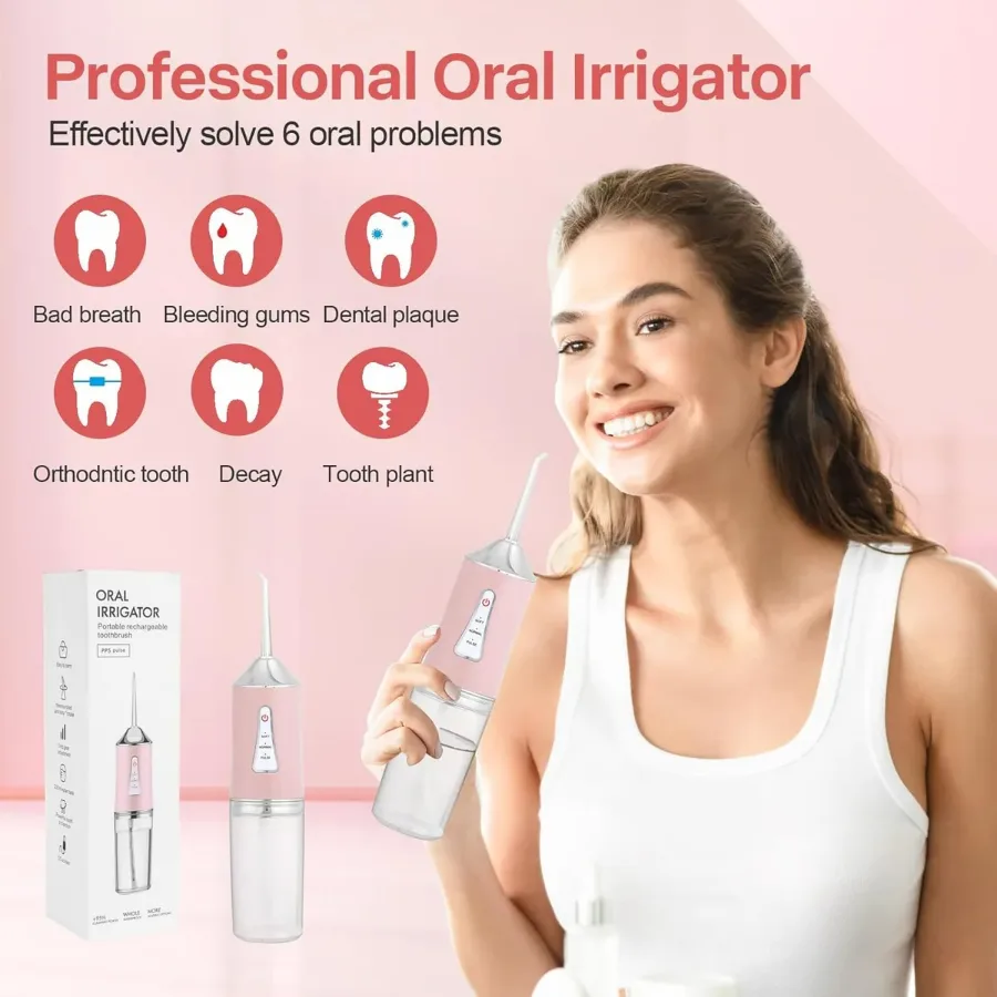 Professional Oral Irrigator for Teeth & Gums with 4 Jet Tips, 3 Modes & 360° Rotation , Water Dental Flosser - Pink