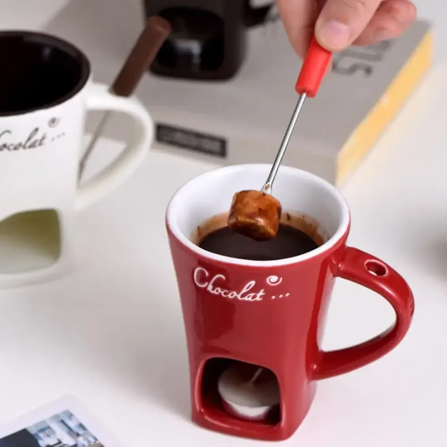 Chocolate Melting Cup with Fork, perfect for melting chocolate and cheese - Red — photo 2