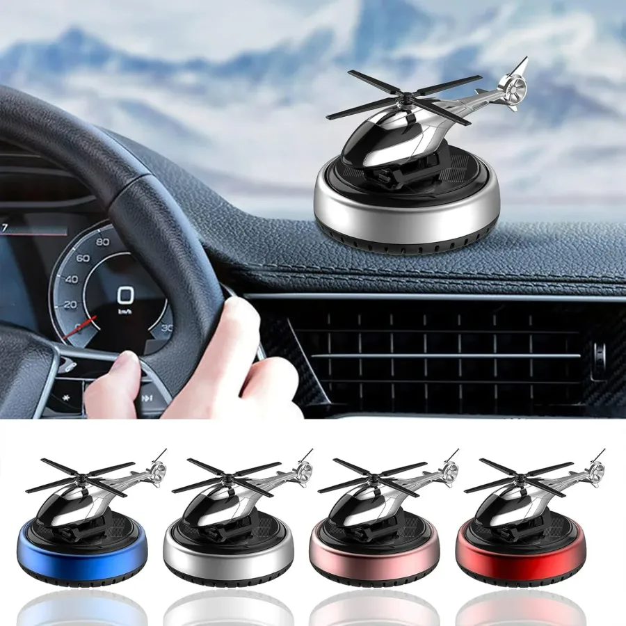 Solar Powered Helicopter Car Air Freshener Rotating Aromatherapy Diffuser for Car, Home & Office - Chrome