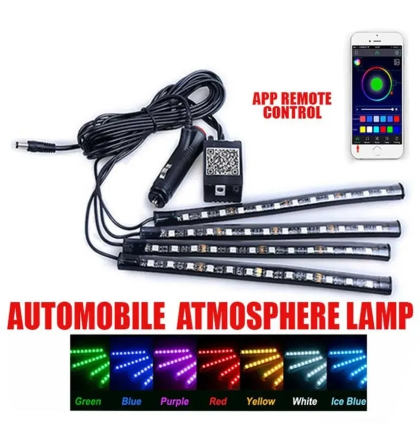 Car Rgb 4 Pcs Waterproof Led Light Strip Remote Or Bluetooth Control - Cigarette Input + Bluetooth Phone Contro