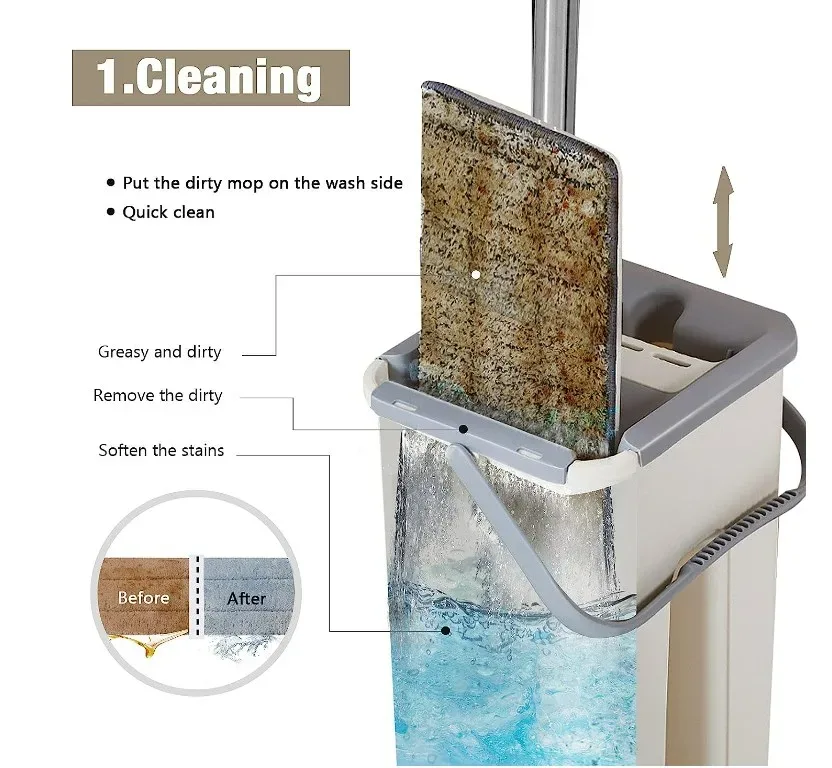 Household Cleaning Tool Wet Dry Hand-Free Mop Bucket Set With Plastic Basket Cloth Material - Aqua — photo 6