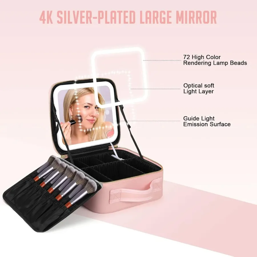 Adjustable Light Make up Bag with Mirror LED Light - Pink β photo 3