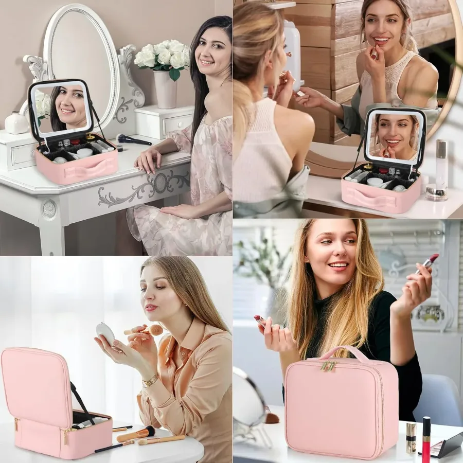 Adjustable Light Make up Bag with Mirror LED Light - Pink β photo 4