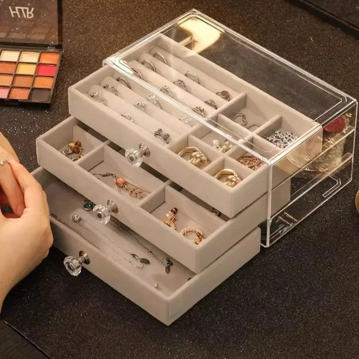Clear Acrylic Jewelry Organizer Box With 3 Drawers LD-1018 - Grey