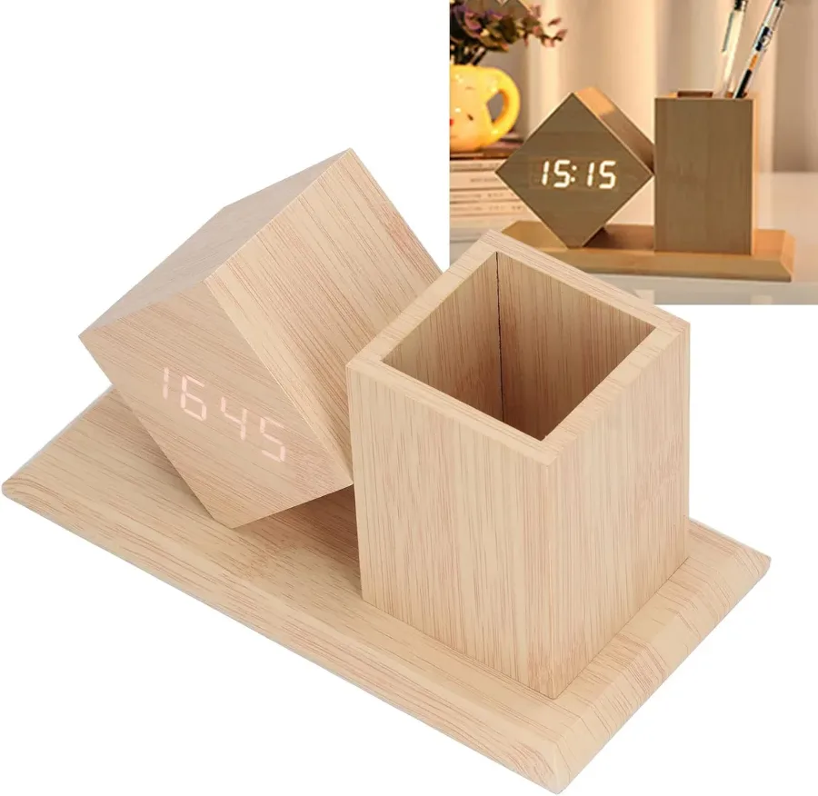 πͺ΅ Wood Pen Holder Clock β Smart LED Desk Organizer β°β¨ - Style 1