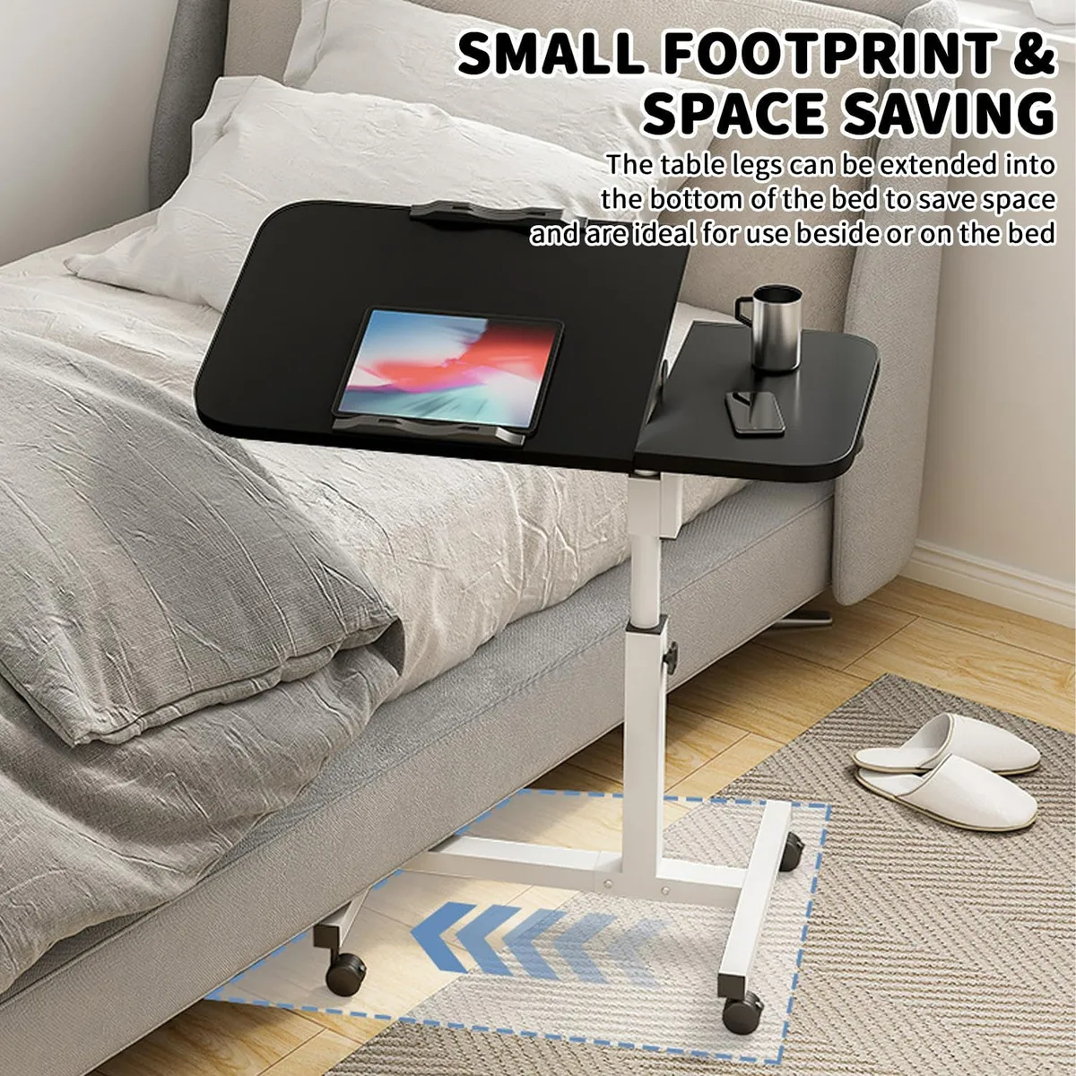 Height Adjustable Side Table with Wheels β Laptop Stand, Bed & Overbed Table for Living Room & Bedroom - Black