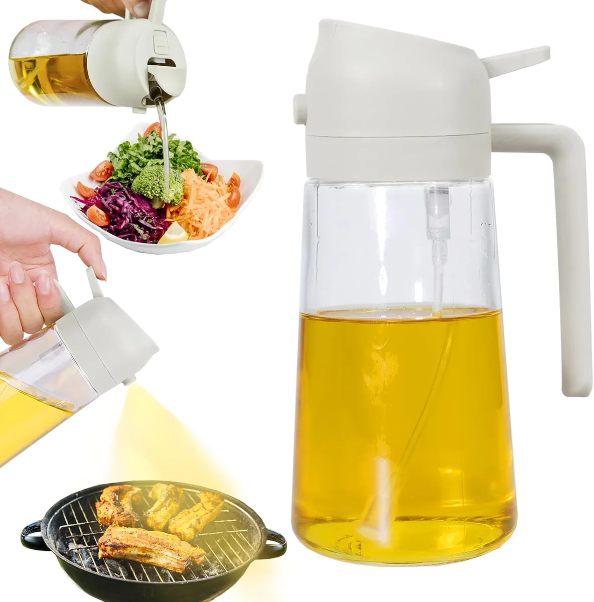 2 in 1 Olive Oil Dispenser and Oil Sprayer for Cooking - White