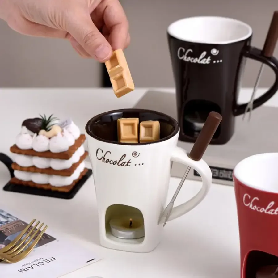 Chocolate Melting Cup with Fork, perfect for melting chocolate and cheese - Brown — photo 3
