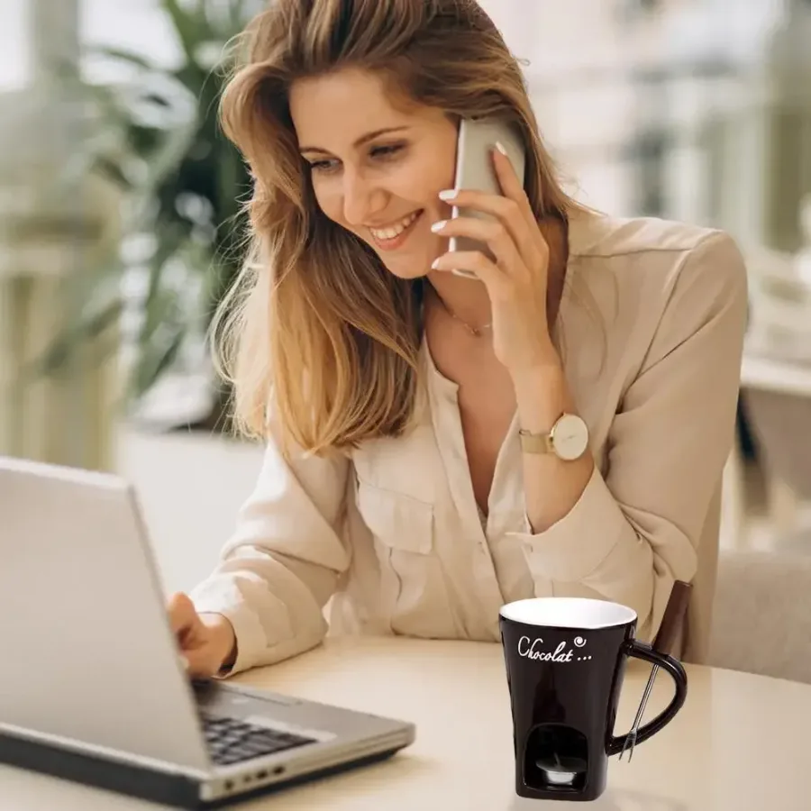 Chocolate Melting Cup with Fork, perfect for melting chocolate and cheese - Brown — photo 6