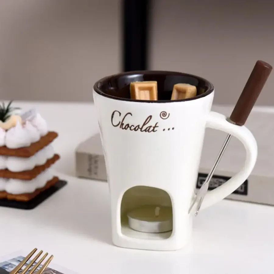 Chocolate Melting Cup with Fork, perfect for melting chocolate and cheese - Brown