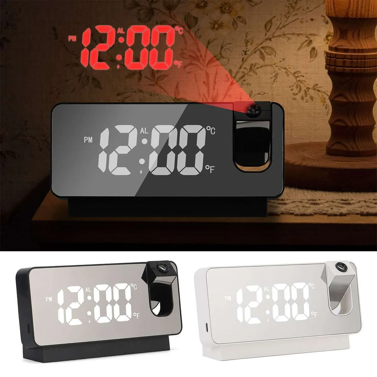 LED Digital Projector Projection Snooze Dual Alarm Clock Timer - White - Black and Red