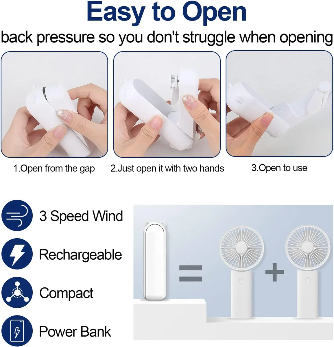 2 in 1 PowerBank Mini Handheld Fan – USB Rechargeable, Foldable & Portable Pocket Fan, Quiet Operation for Travel, Home & Outdoor - Black — photo 2
