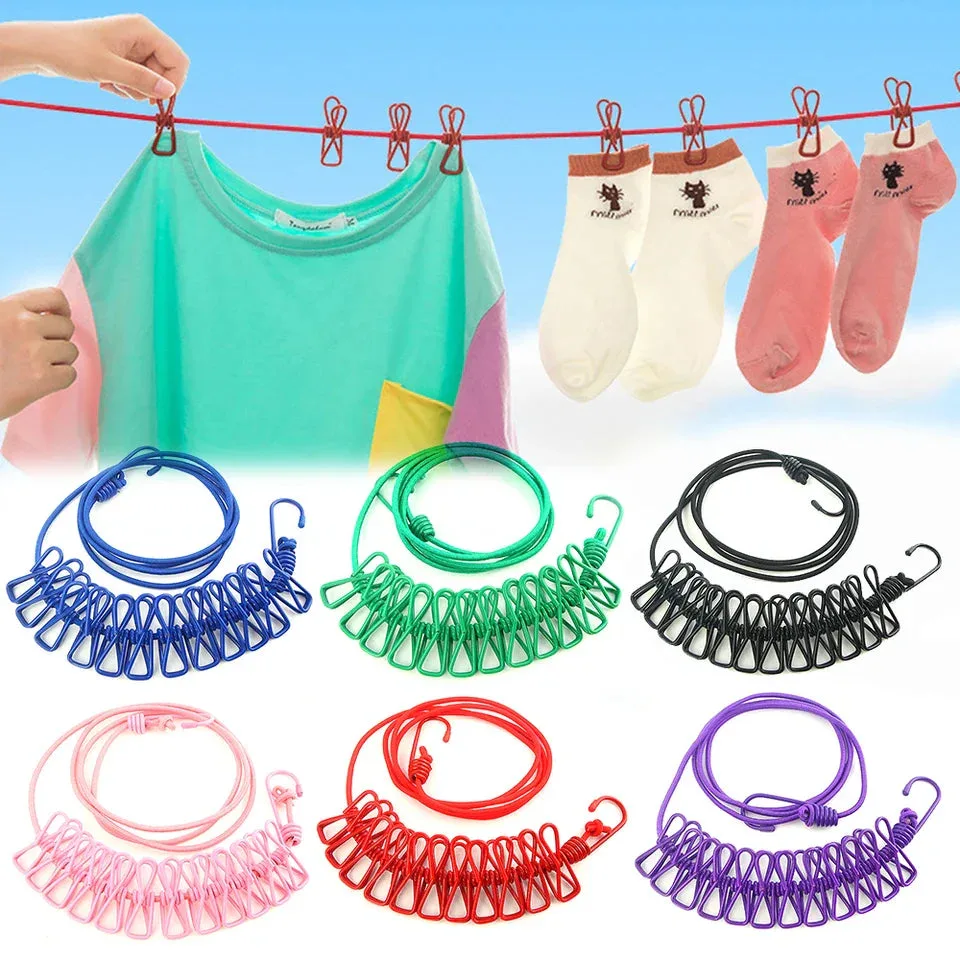 Portable Elastic Rope Clothesline Adjustable with 12pcs Clothespins Cloth Hanger - Blue