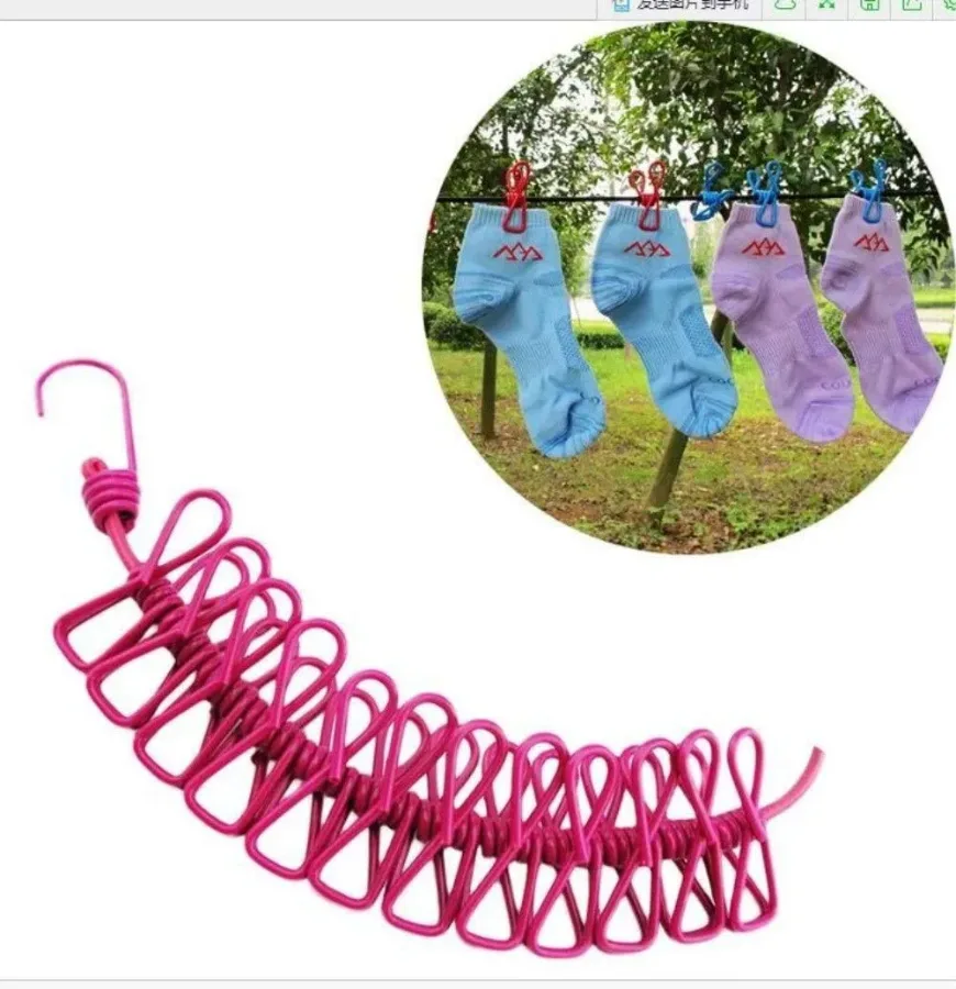 Portable Elastic Rope Clothesline Adjustable with 12pcs Clothespins Cloth Hanger - Purple β photo 2