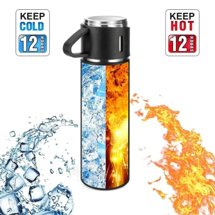 Thermos With Cups Double Wall Stainless Steel 500ml Vacuum Flask - Grey β photo 4