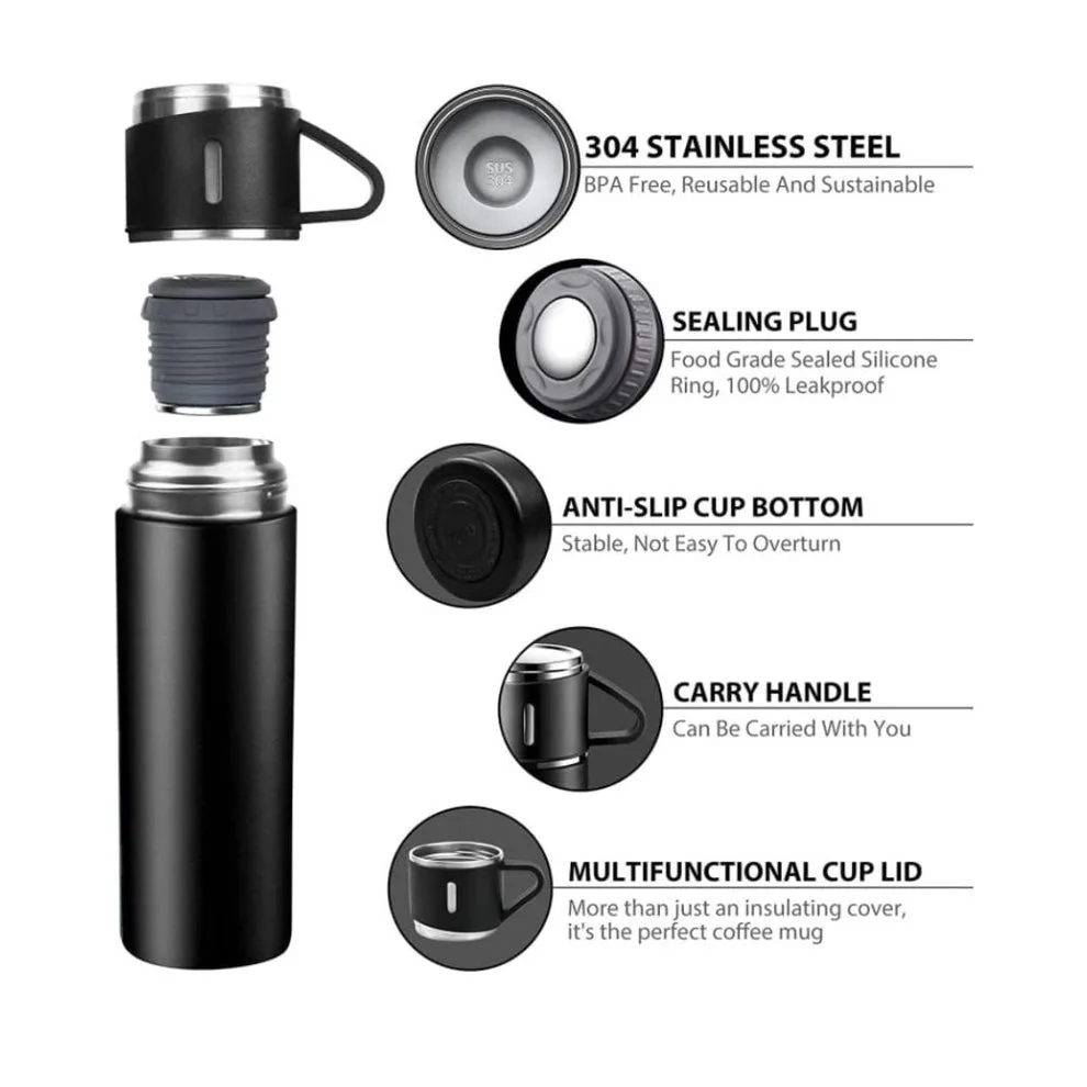 Thermos With Cups Double Wall Stainless Steel 500ml Vacuum Flask - Darkblue — photo 3