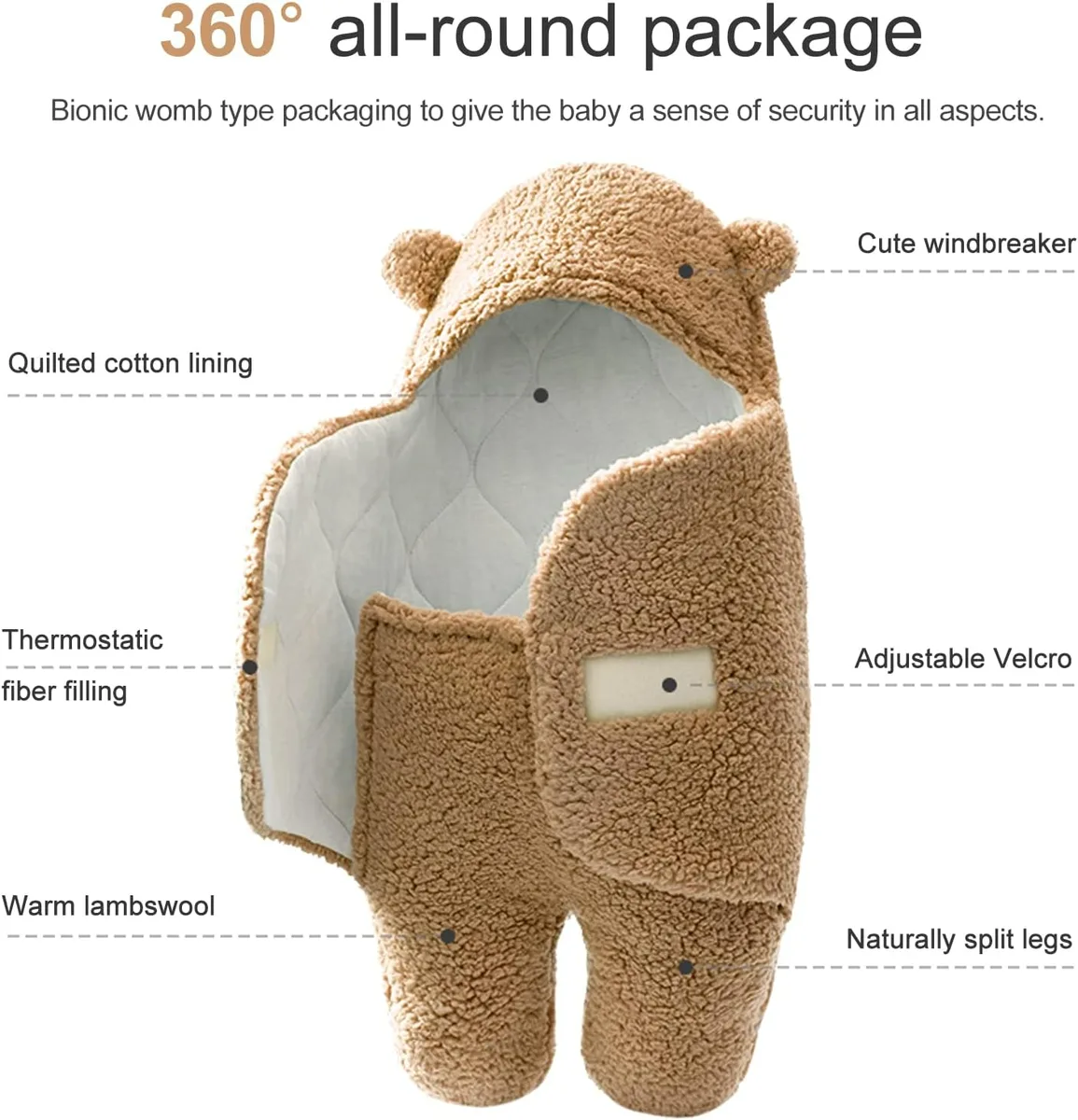 Baby Blanket with Hood – Cozy & Adjustable Swaddle for 0-6 Months - Brown — photo 3