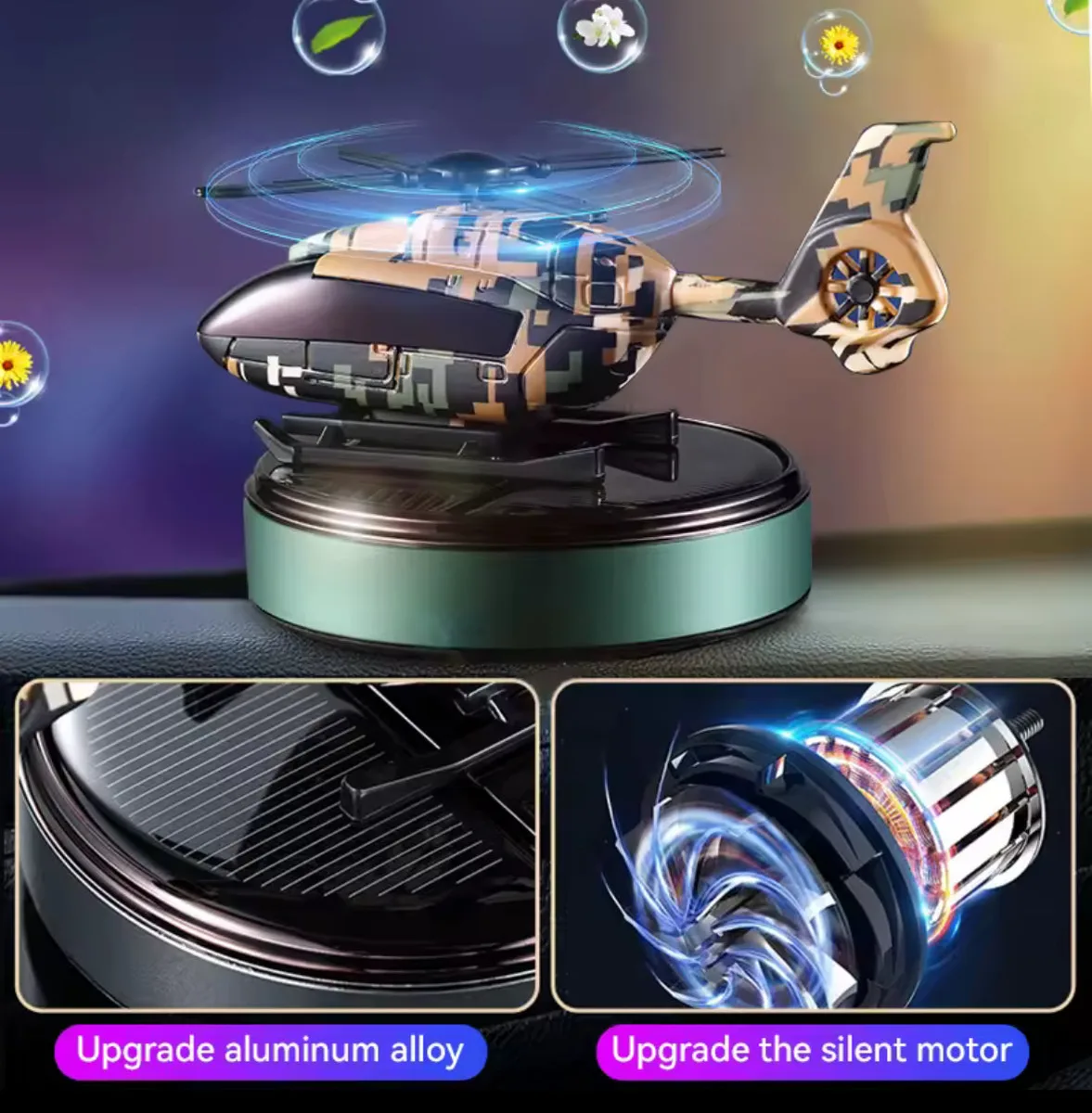 Solar Powered Helicopter Car Air Freshener Rotating Aromatherapy Diffuser for Car, Home & Office - Black β photo 10