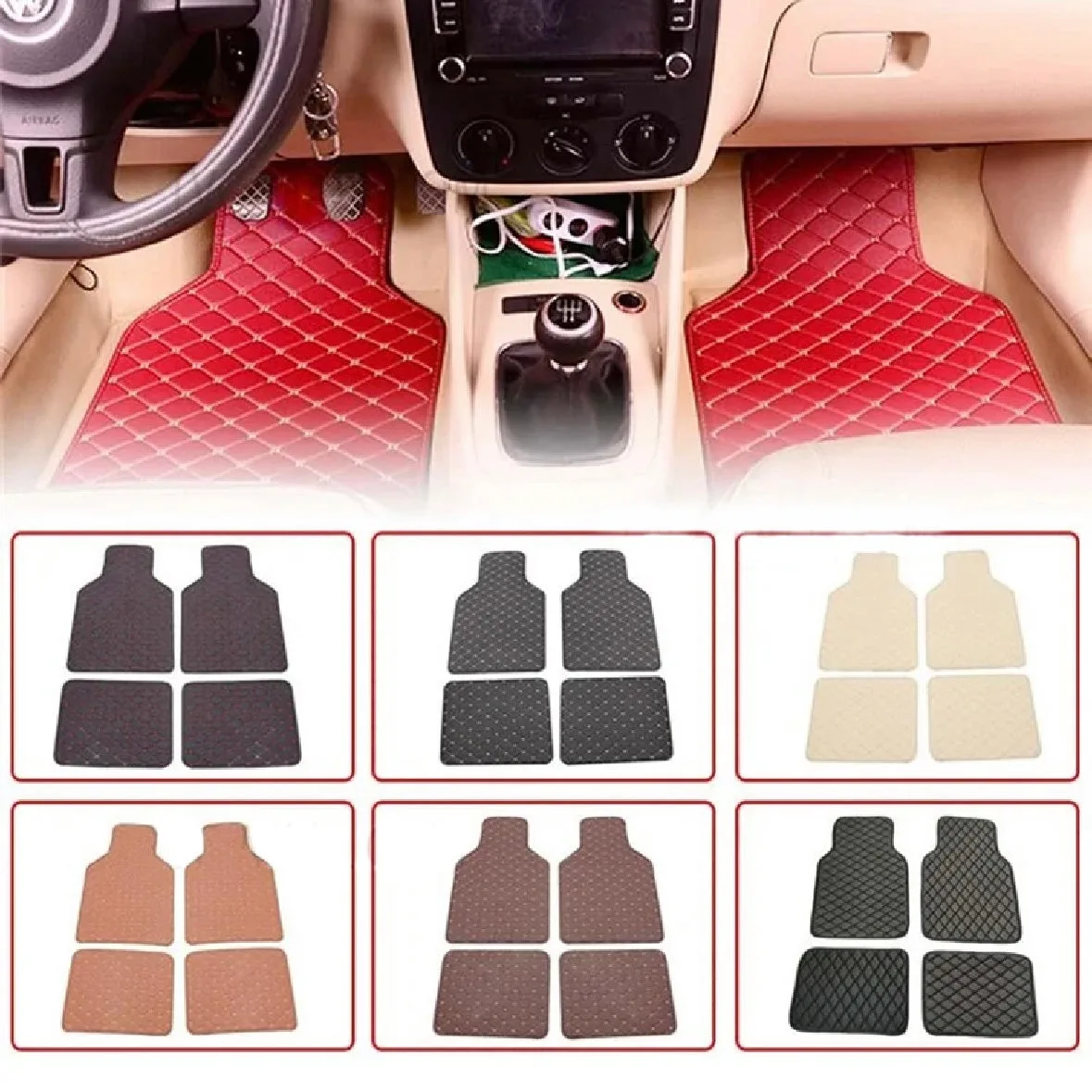 4pcs Leather Car Floor Mats - Black and Red line β photo 2