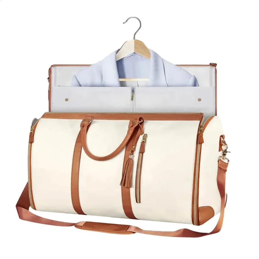 8 in 1 Travel Storage Bag Leather Travel Duffel Bag with Shoulder Strap - White β photo 7
