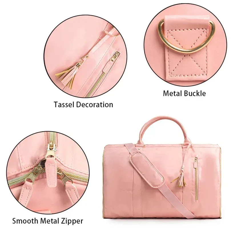 8 in 1 Travel Storage Bag Leather Travel Duffel Bag with Shoulder Strap - Pink — photo 2