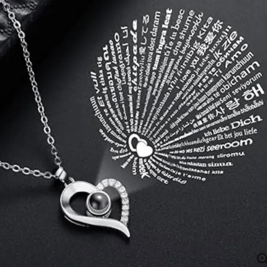 Necklace With Rose Box With Free Bag, I Love You In 100 Languages - 4 hearted necklace Silver β photo 3