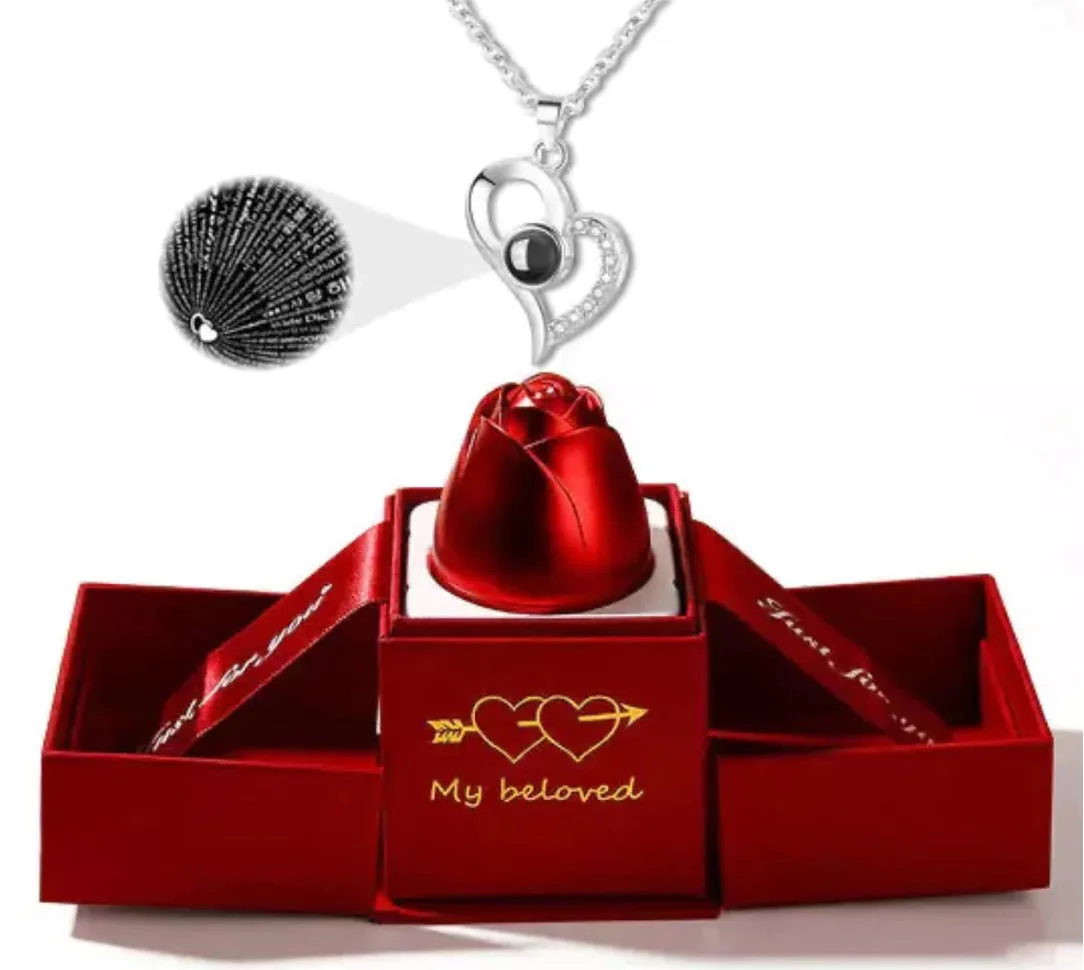 Necklace With Rose Box With Free Bag, I Love You In 100 Languages - 4 hearted necklace Silver — photo 5