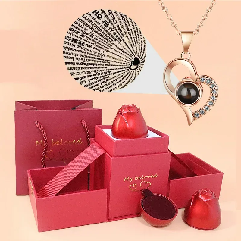 Necklace With Rose Box With Free Bag, I Love You In 100 Languages - Rose plaque necklace — photo 4