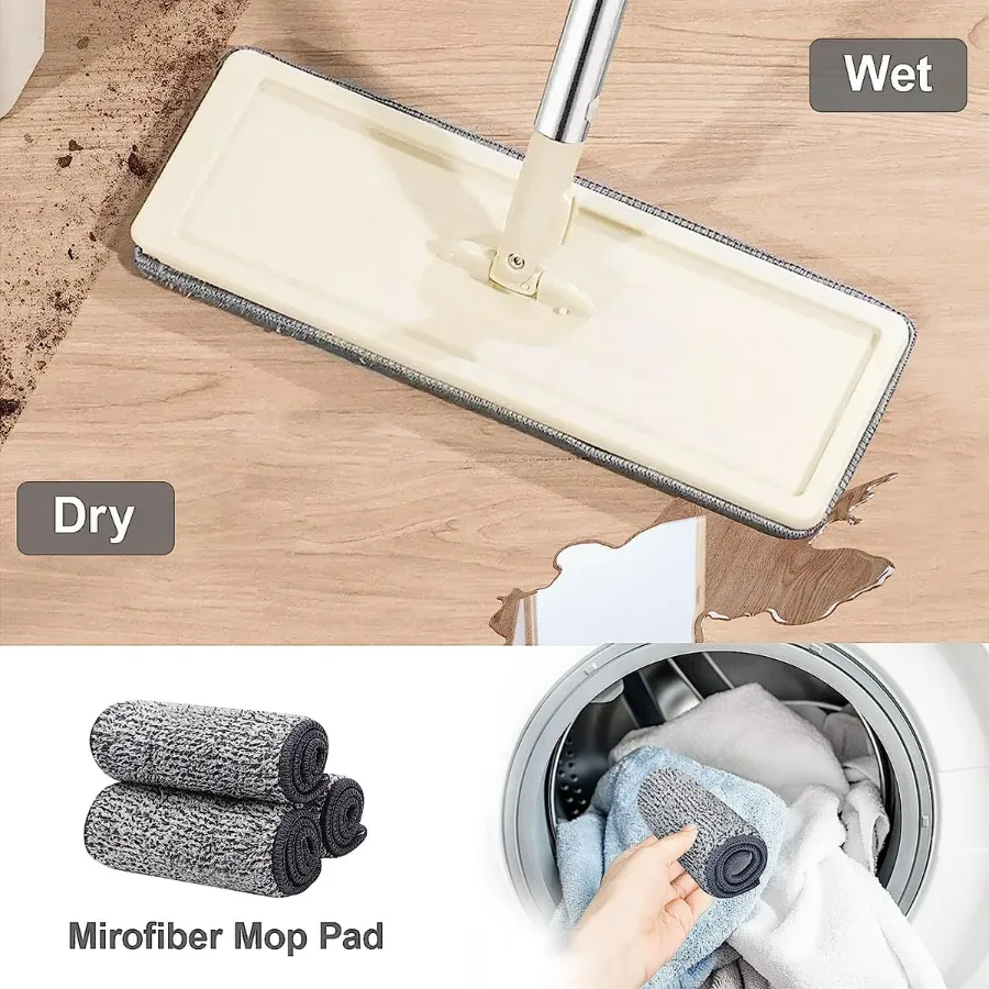 Household Cleaning Tool Wet Dry Hand-Free Mop Bucket Set With Plastic Basket Cloth Material - White Beige — photo 2