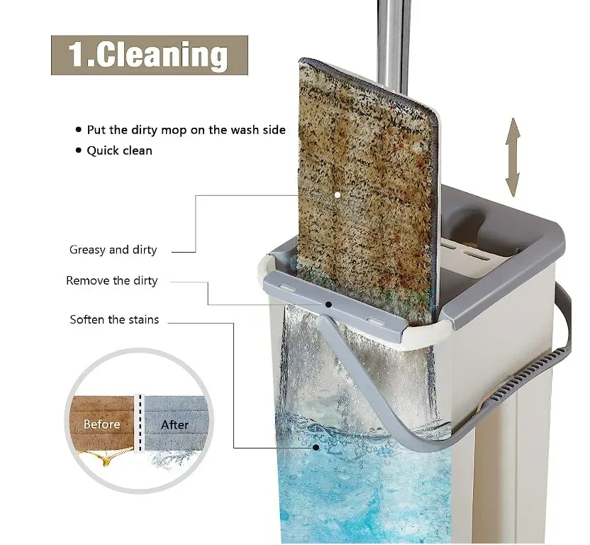 Household Cleaning Tool Wet Dry Hand-Free Mop Bucket Set With Plastic Basket Cloth Material - White Beige — photo 6