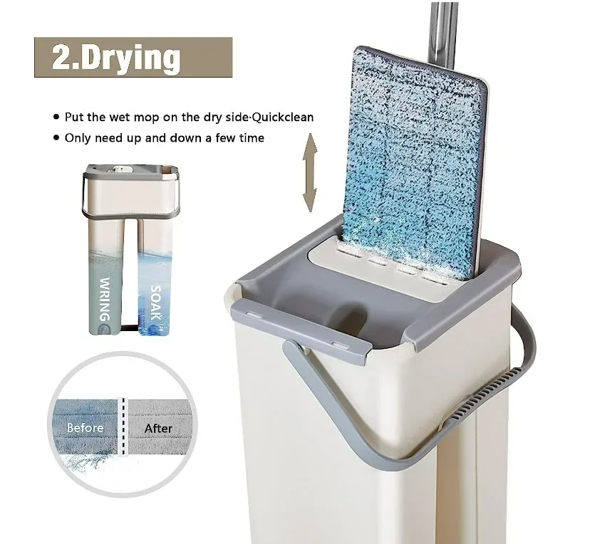 Household Cleaning Tool Wet Dry Hand-Free Mop Bucket Set With Plastic Basket Cloth Material - White Beige — photo 7