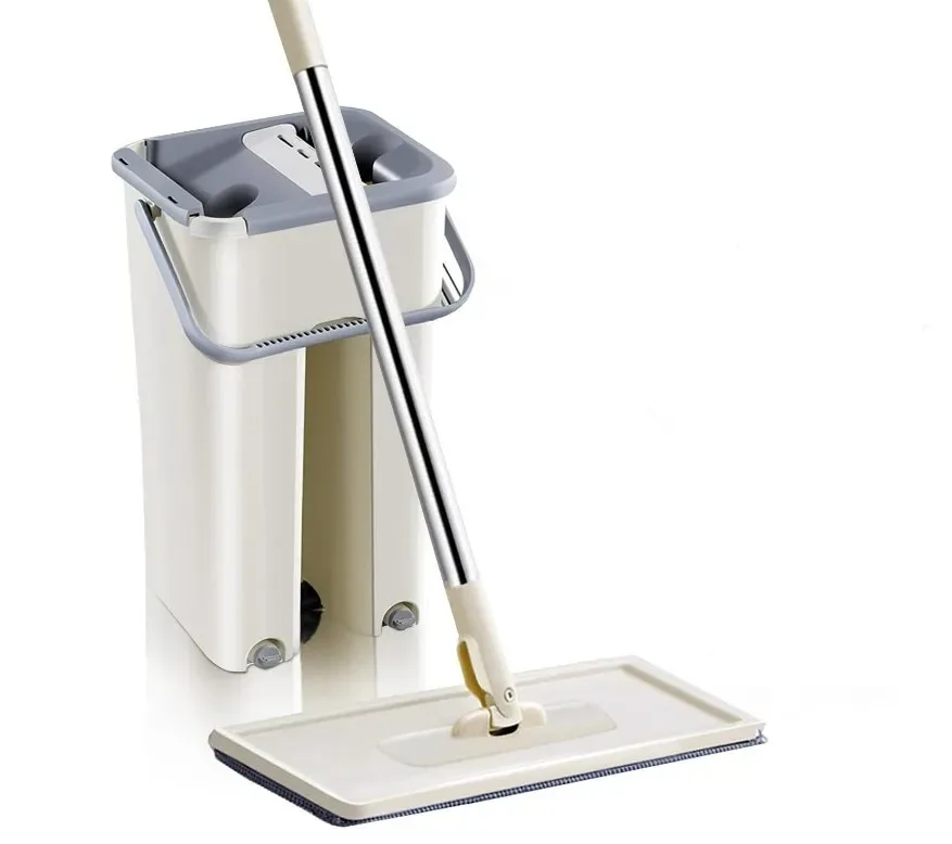 Household Cleaning Tool Wet Dry Hand-Free Mop Bucket Set With Plastic Basket Cloth Material - White Beige — photo 8