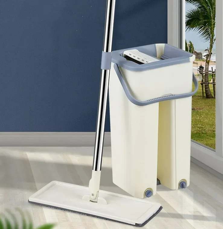 Household Cleaning Tool Wet Dry Hand-Free Mop Bucket Set With Plastic Basket Cloth Material - White Beige