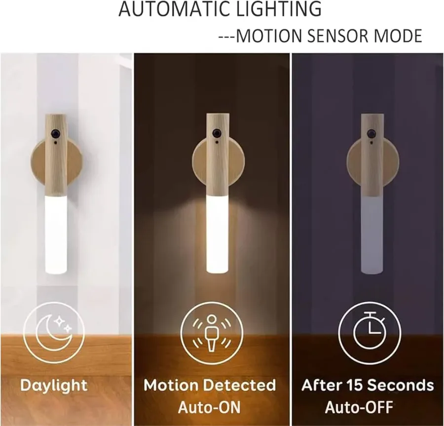 Rechargeable Led Light Motion Sensor Magnetic Wood Wall Light - 2 Pieces — photo 4