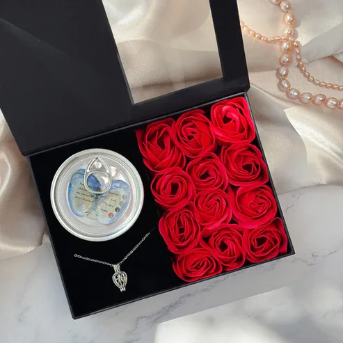 12 Roses & Love Pearl Gift Box (Luxury Set) - Black with Red roses
