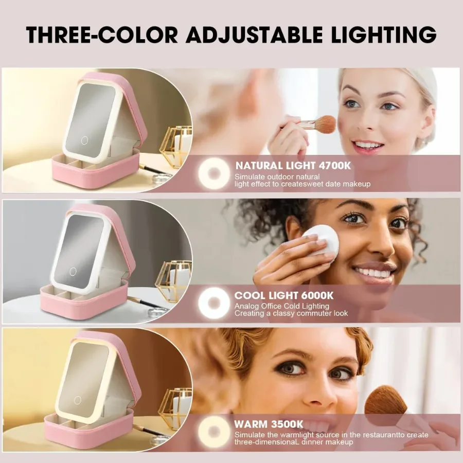 Travel Size LED Mirror & Beauty Makeup organiser Case - Pink β photo 5