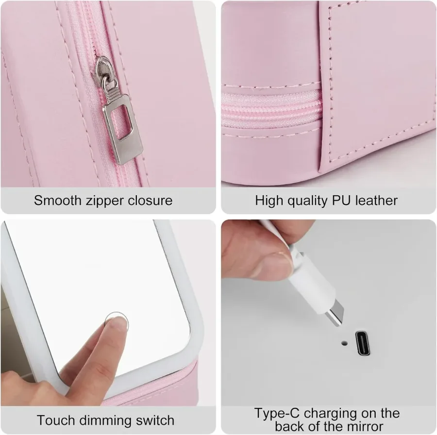 Travel Size LED Mirror & Beauty Makeup organiser Case - Pink β photo 8
